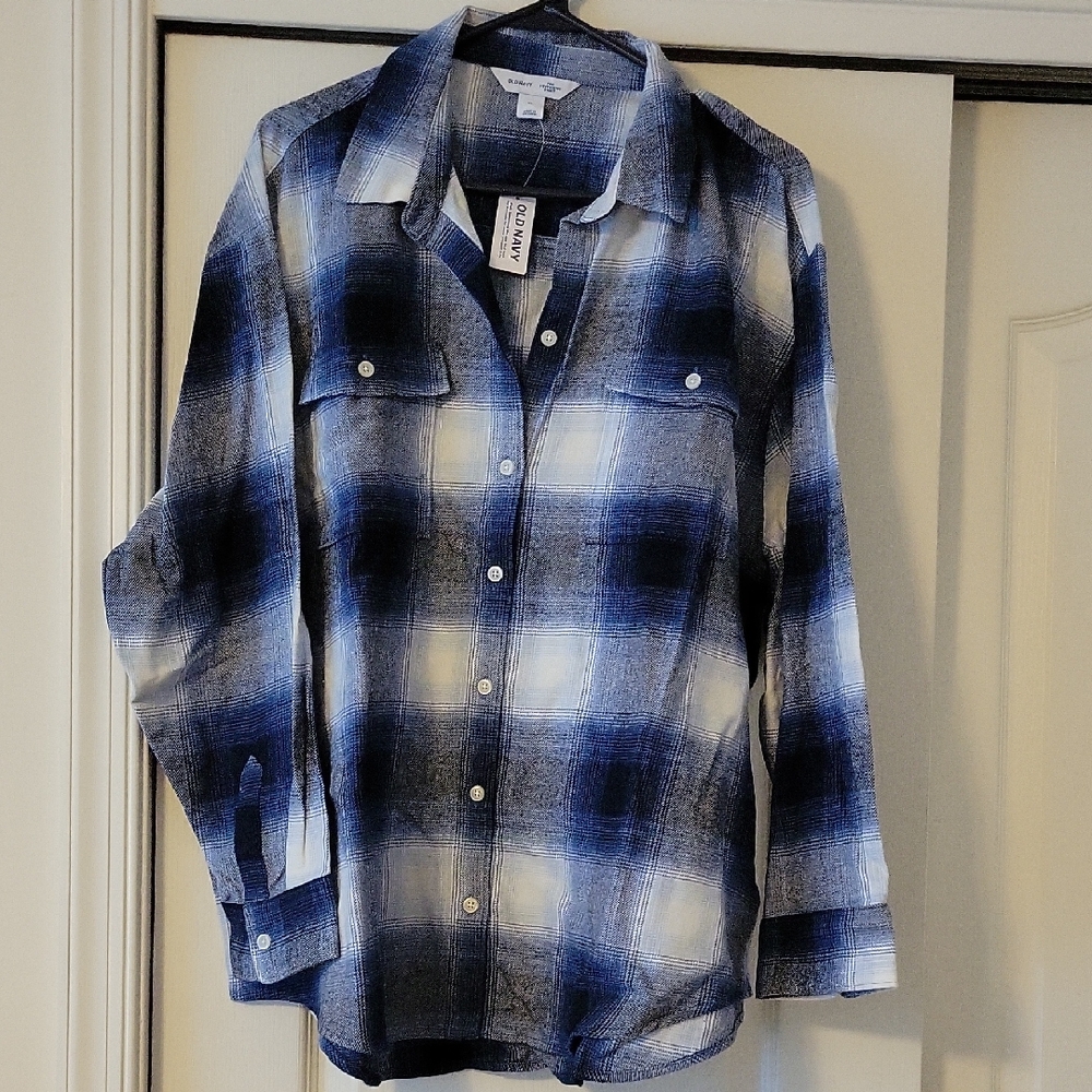 Old Navy Blue and White Plaid Button Down Shirt